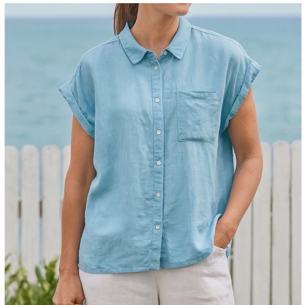Orvis Light Blue Linen Blend Rolled Cap Sleeve Button Down Shirt Size Large